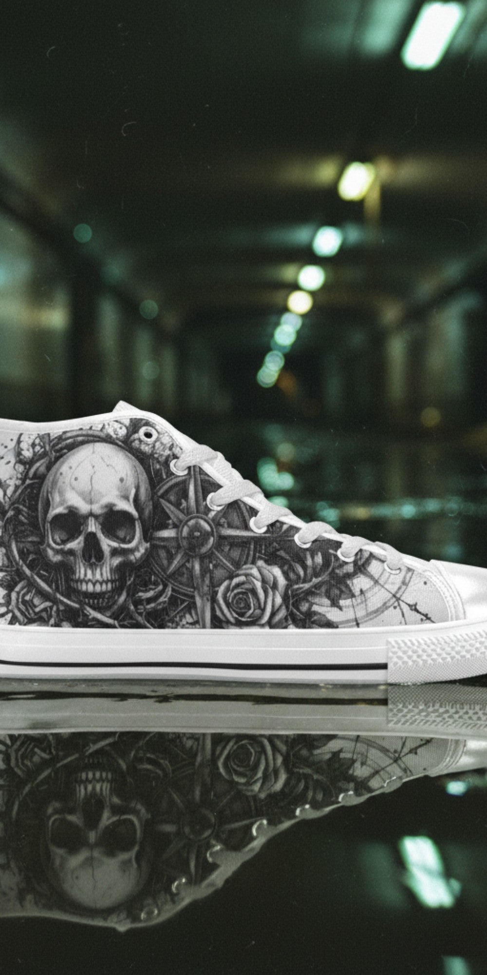 Women's Grey Skull Dark Art Gothic high-top canvas shoes — one-of-a-kind custom printed art, Freaky Shoes