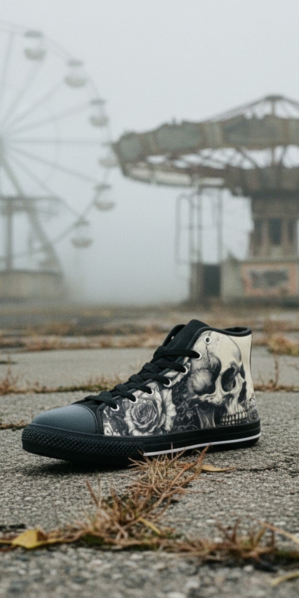 Women's Grey Skull Greyscale Gothic high-top canvas shoes — one-of-a-kind custom printed art, Freaky Shoes