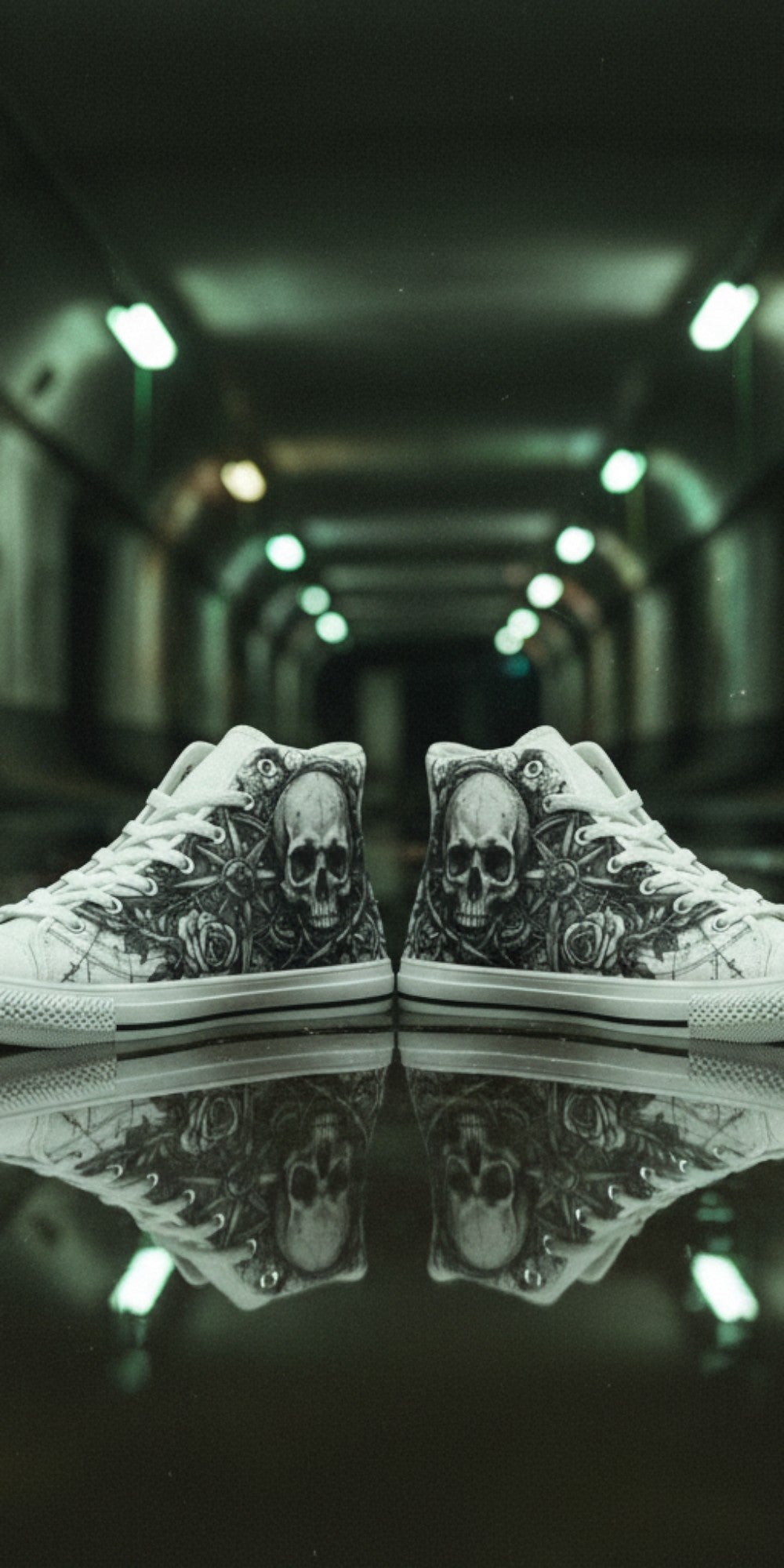 Women's Grey Skull Dark Art Gothic hand-made high-top canvas shoes — unique wearable art by Freaky Shoes