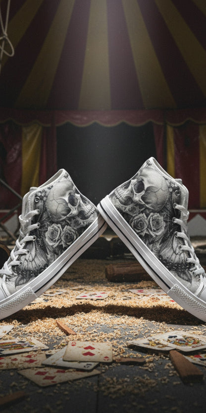 Women's Grey Moon Skull Goth Dark custom high-top canvas shoes — wearable art by Freaky Shoes
