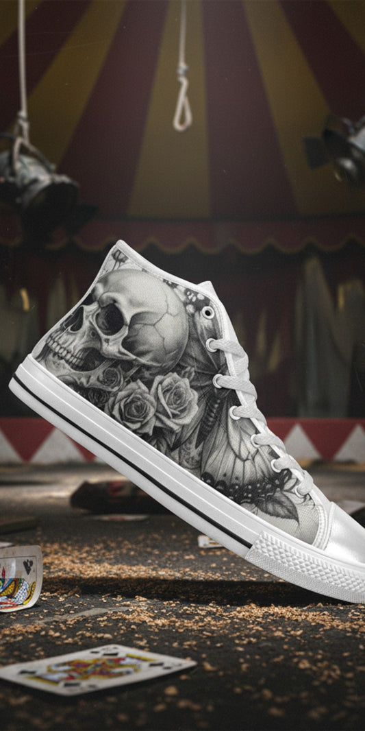 Freaky Shoes® grey skull and rose print high top canvas sneakers with lace-up closure and rubber sole.