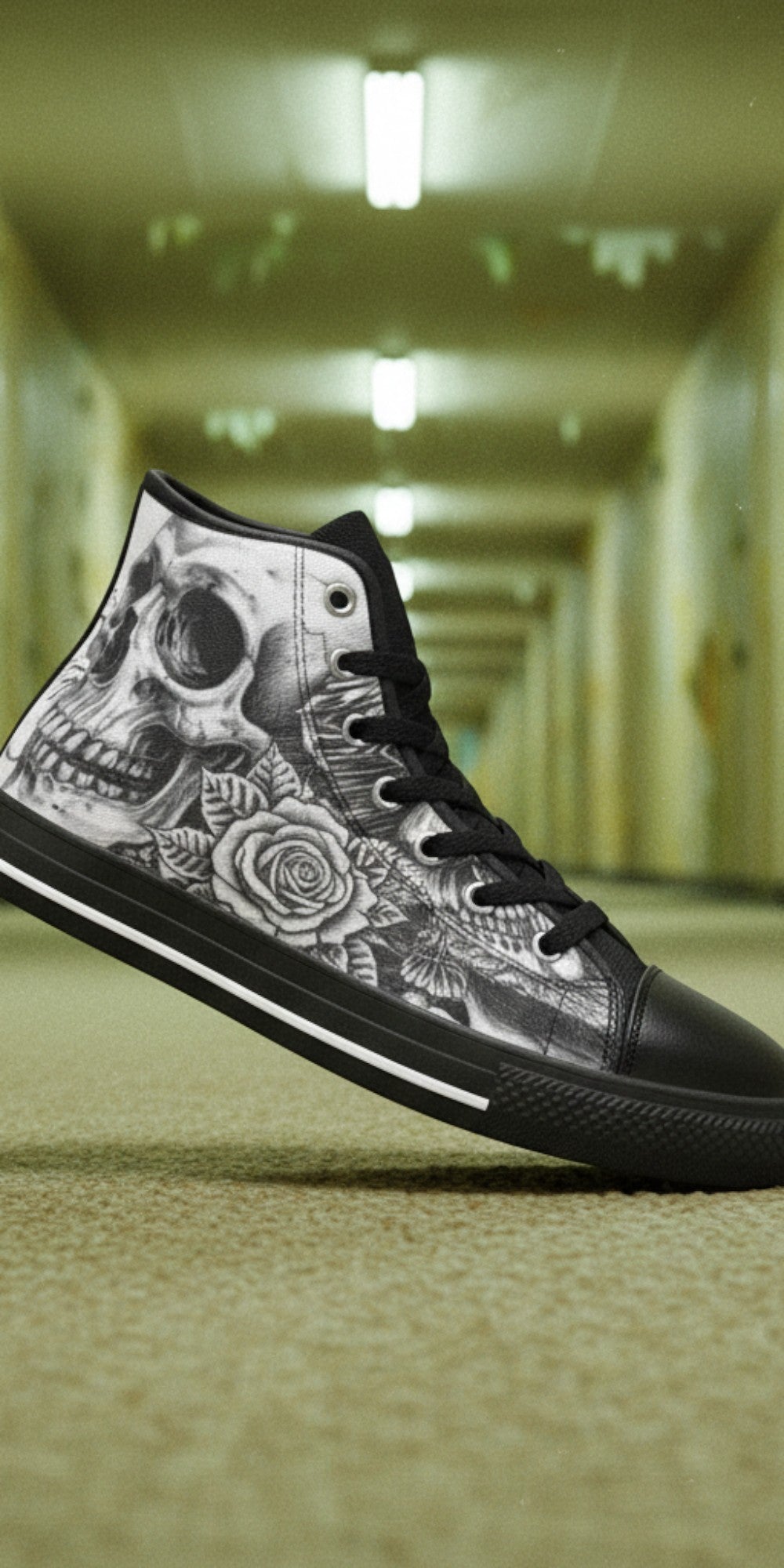 Men's Grey Skull Goth Dark custom high-top canvas shoes — wearable art by Freaky Shoes