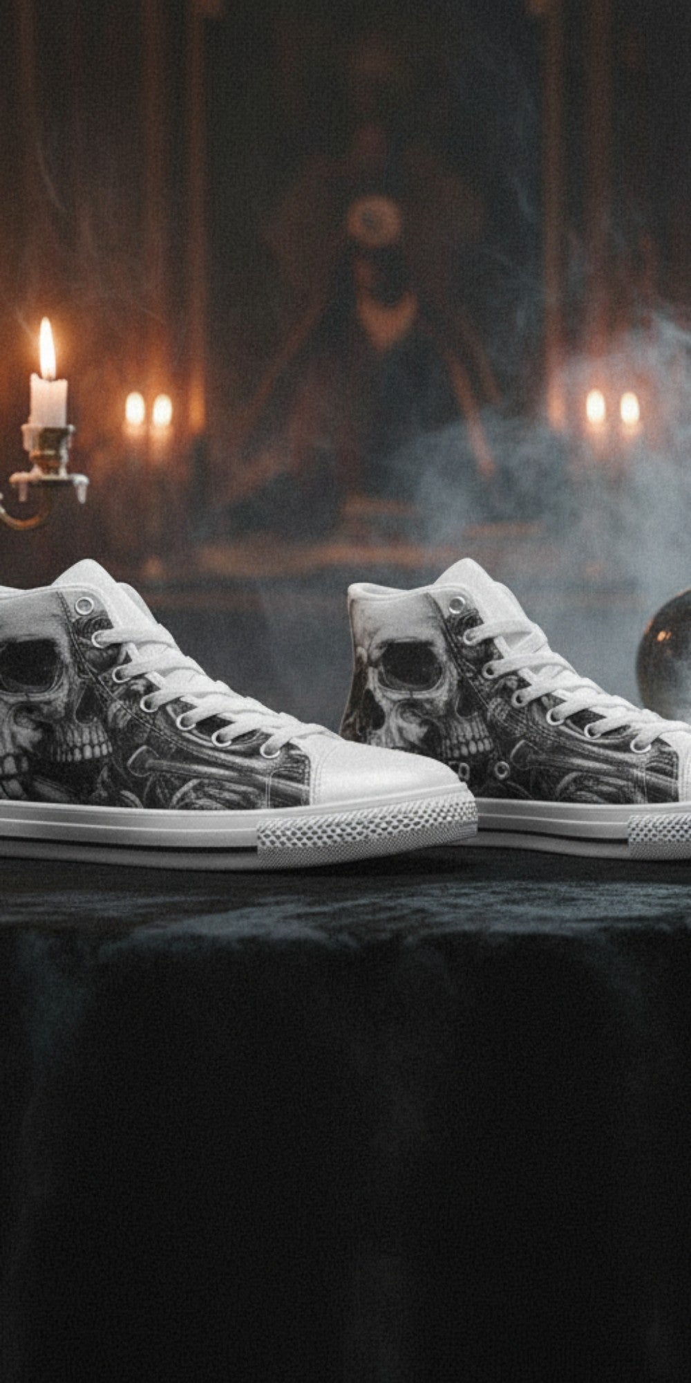 Custom Women's Grey Monochrome Skull Gothic high-top canvas shoes with bold all-over art — Freaky Shoes