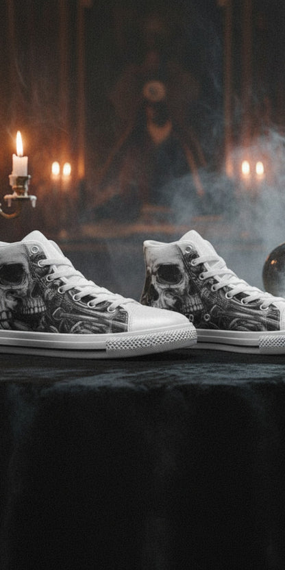 Custom Women's Grey Monochrome Skull Gothic high-top canvas shoes with bold all-over art — Freaky Shoes