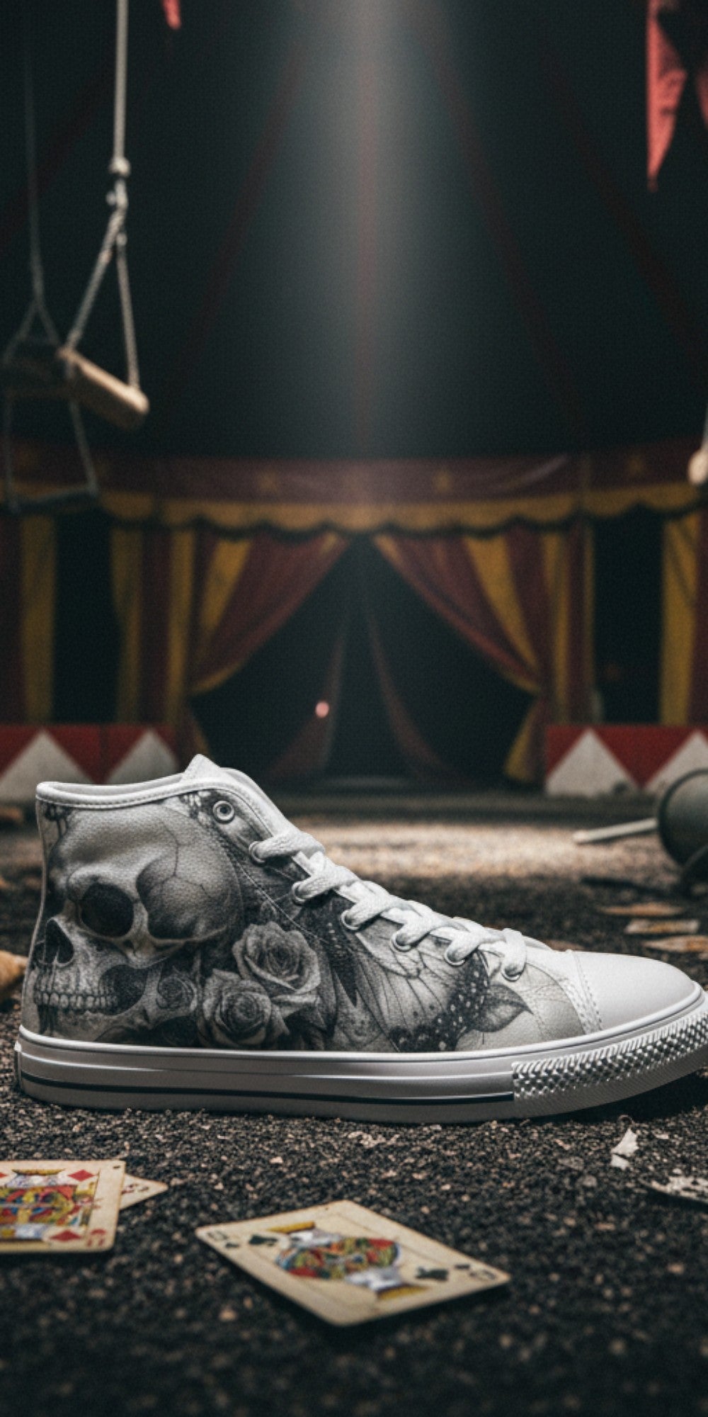 Women's Grey Moon Skull Goth Dark custom high-top canvas shoes — wearable art by Freaky Shoes