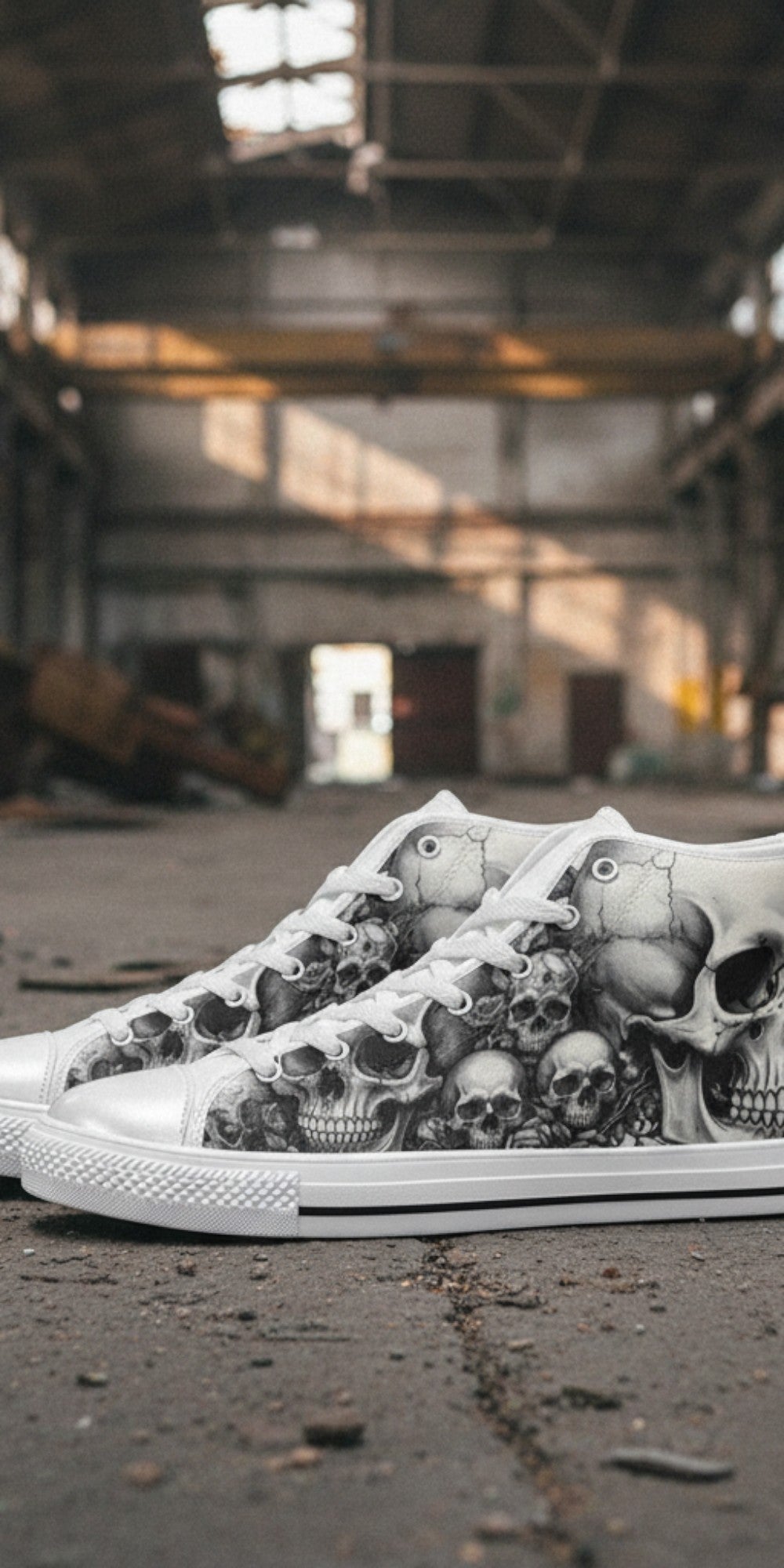 Men's Grey Skull Gothic Dark Art high-top canvas shoes — one-of-a-kind custom printed art, Freaky Shoes