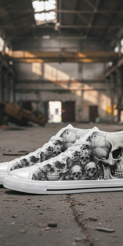 Men's Grey Skull Gothic Dark Art high-top canvas shoes — one-of-a-kind custom printed art, Freaky Shoes