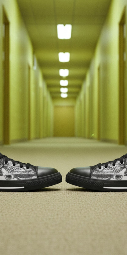 Men's Grey Skull Goth Dark custom high-top canvas shoes — wearable art by Freaky Shoes