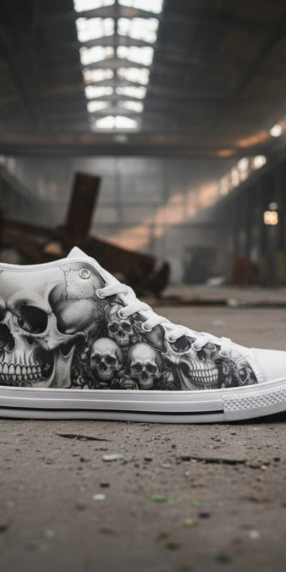 Men's Grey Skull Gothic Dark Art custom high-top canvas shoes — wearable art by Freaky Shoes