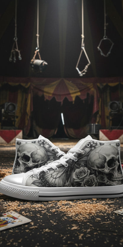 Women's Grey Moon Skull Goth Dark hand-made high-top canvas shoes — unique wearable art by Freaky Shoes