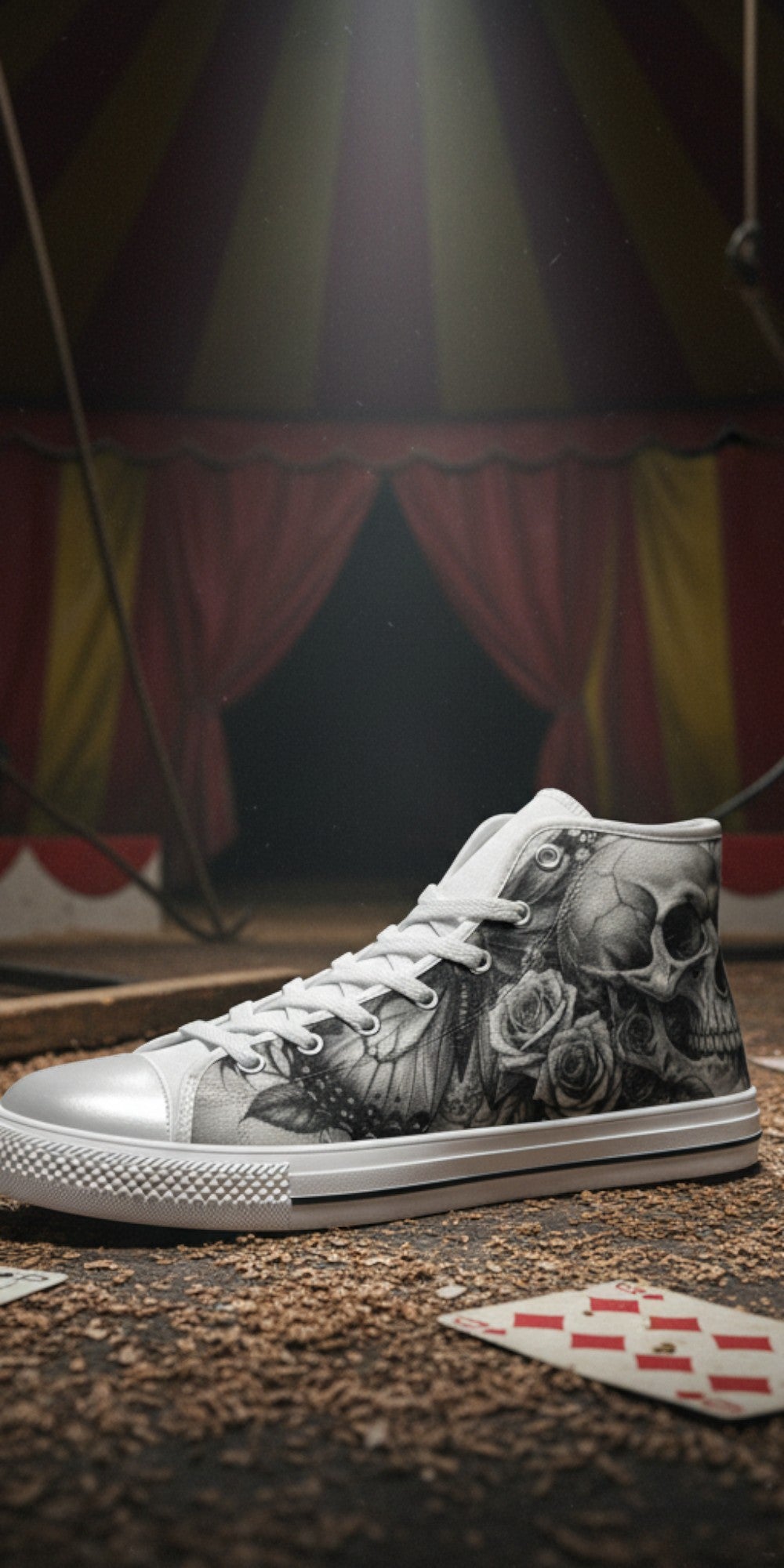 Women's Grey Moon Skull Goth Dark hand-made high-top canvas shoes — unique wearable art by Freaky Shoes
