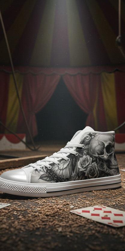 Women's Grey Moon Skull Goth Dark hand-made high-top canvas shoes — unique wearable art by Freaky Shoes