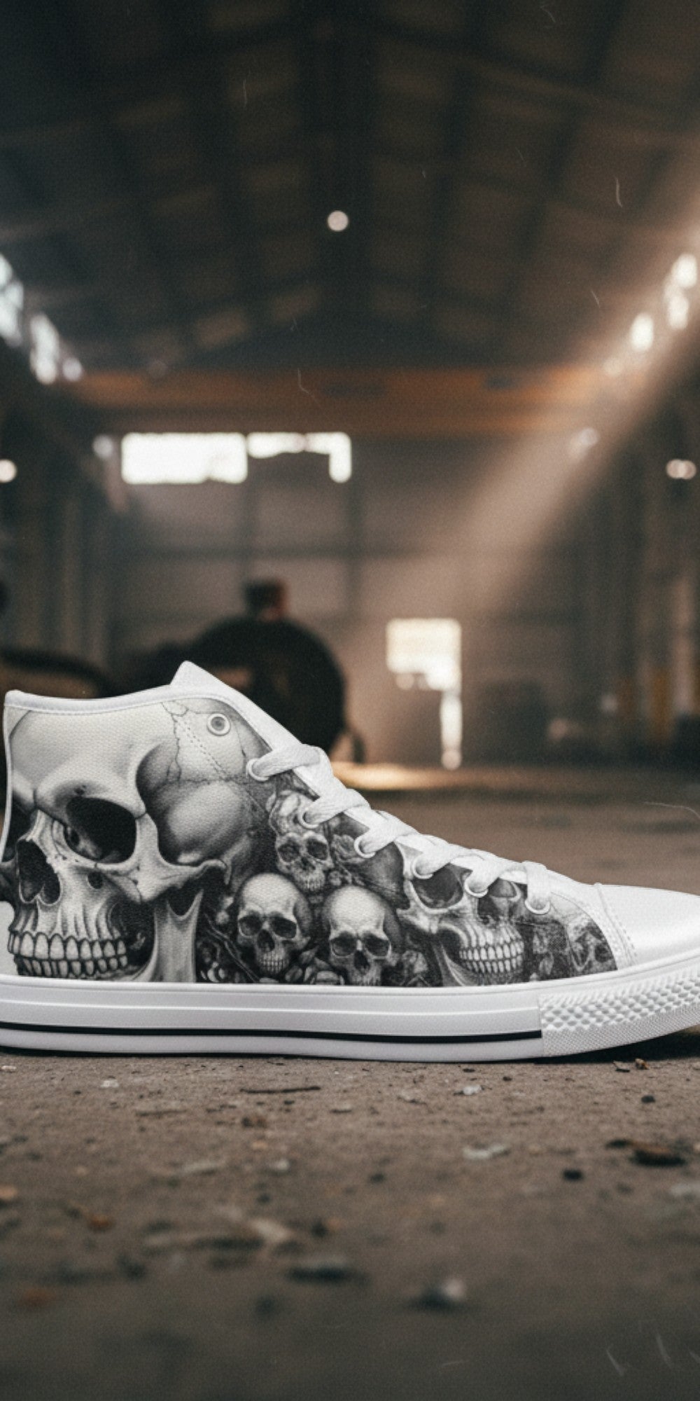 Custom Men's Grey Skull Gothic Dark Art high-top canvas shoes with bold all-over art — Freaky Shoes
