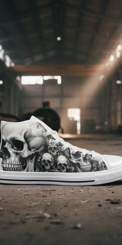 Custom Men's Grey Skull Gothic Dark Art high-top canvas shoes with bold all-over art — Freaky Shoes