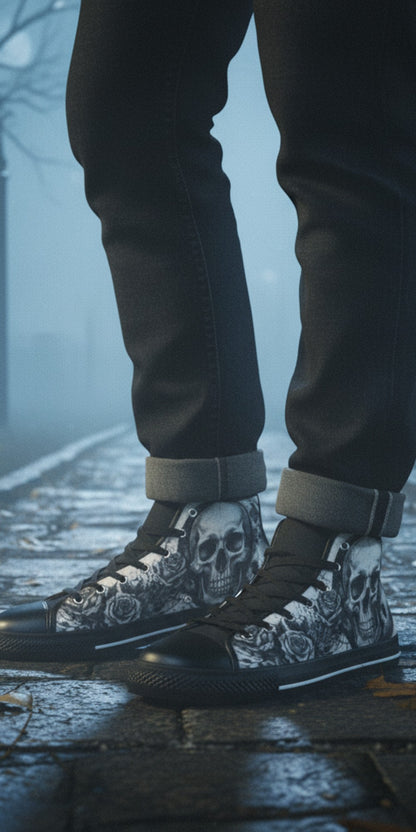 Freaky Shoes® grey skull and rose print high top canvas sneakers worn with black jeans on a misty stone path.