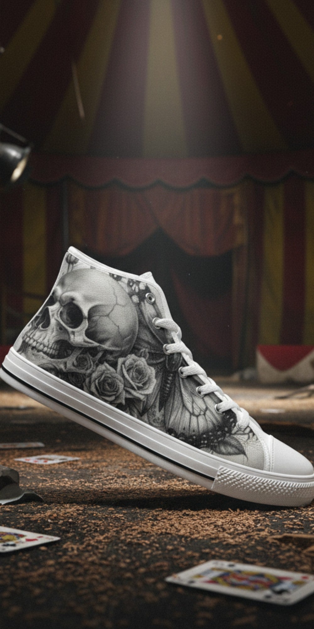 Women's Grey Moon Skull Goth Dark high-top canvas shoes, custom full-wrap printed design — Freaky Shoes
