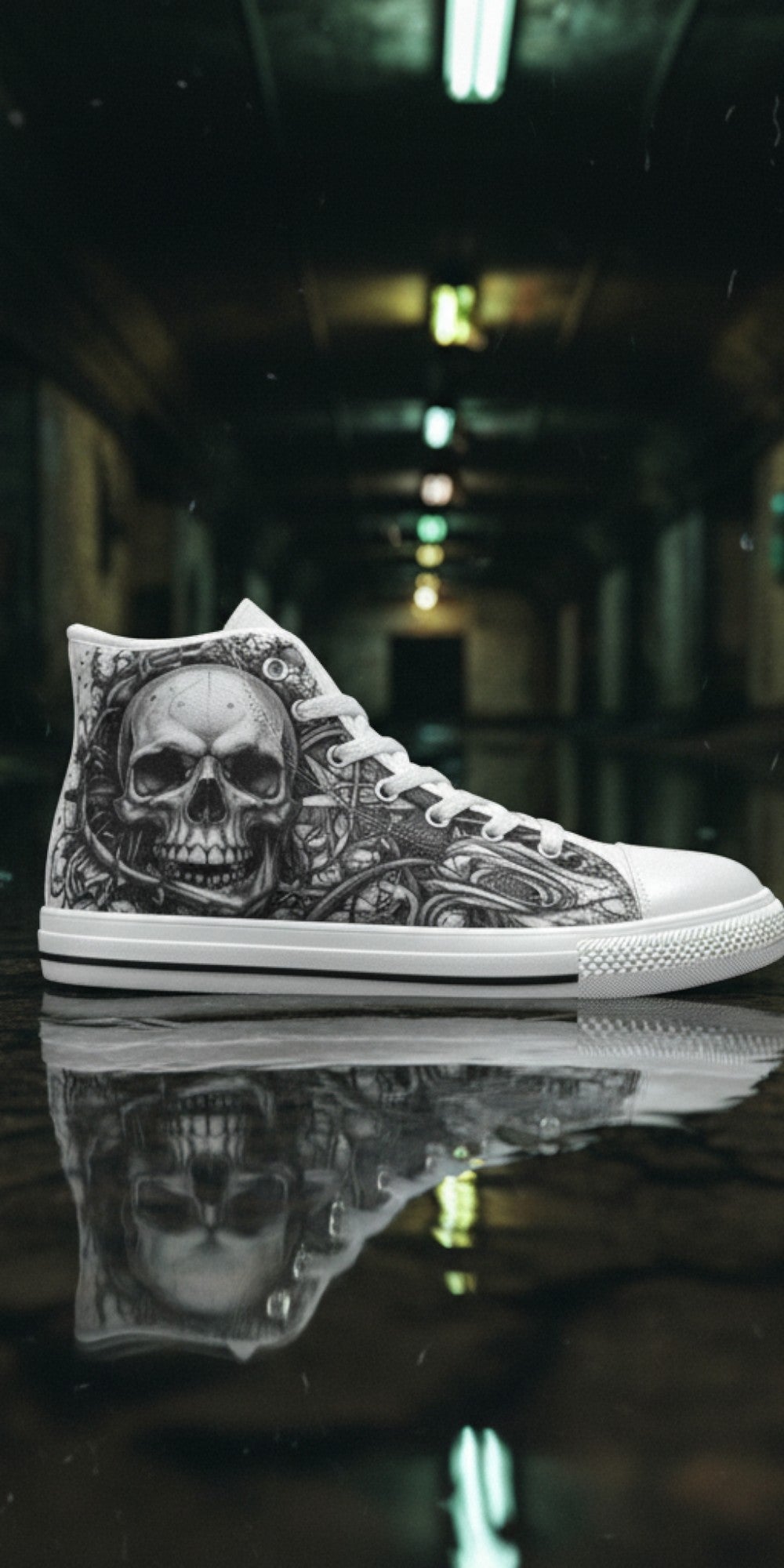 Women's Grey Skull Dark Art Gothic high-top canvas shoes, custom full-wrap printed design — Freaky Shoes