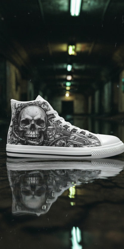 Women's Grey Skull Dark Art Gothic high-top canvas shoes, custom full-wrap printed design — Freaky Shoes