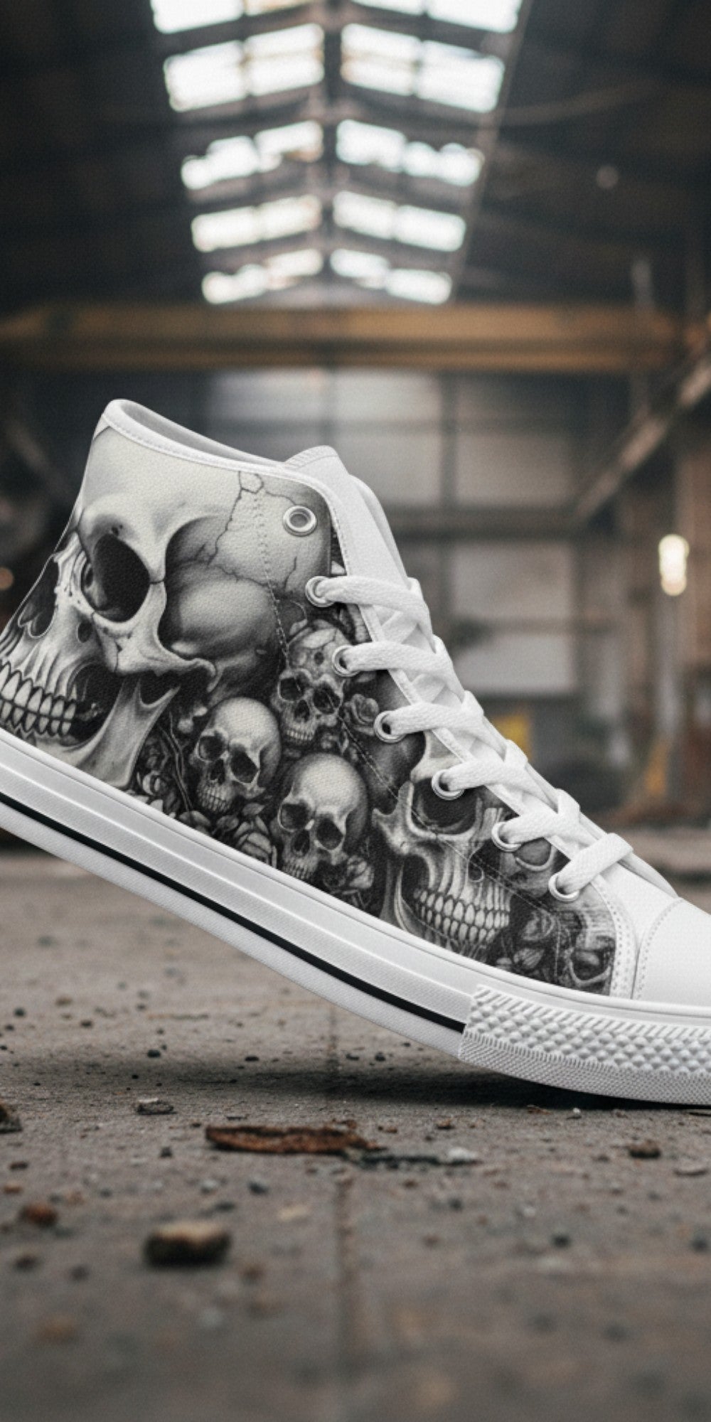 Men's Grey Skull Gothic Dark Art hand-made high-top canvas shoes — unique wearable art by Freaky Shoes