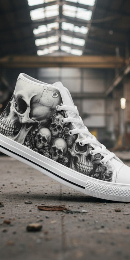 Men's Grey Skull Gothic Dark Art hand-made high-top canvas shoes — unique wearable art by Freaky Shoes