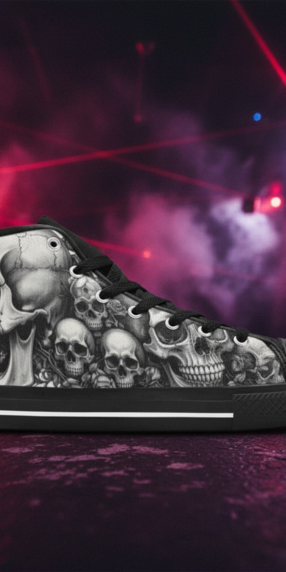 Women's Grey Skull & Moon Dark Gothic high-top canvas shoes, custom full-wrap printed design — Freaky Shoes