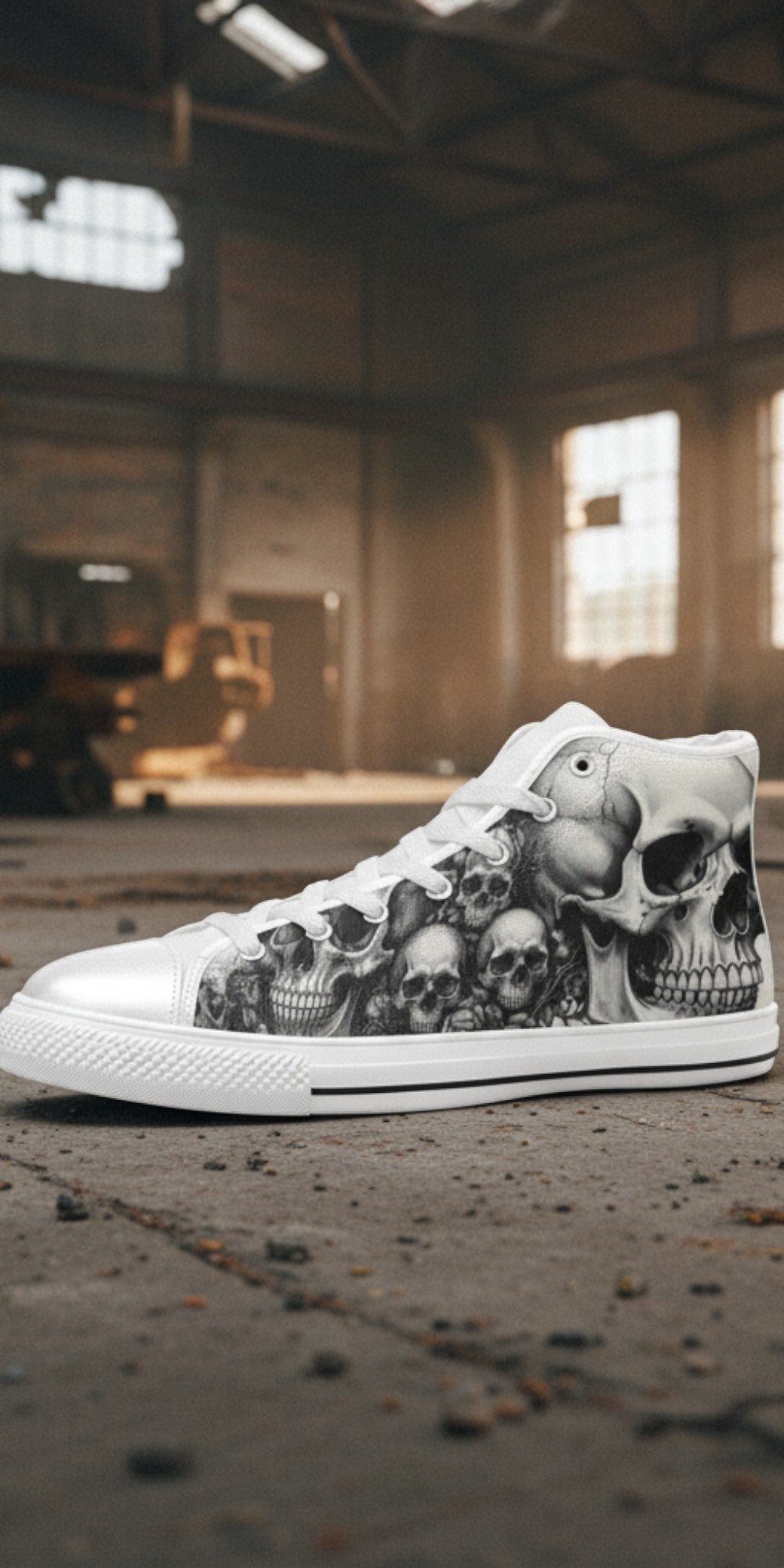 Men's Grey Skull Gothic Dark Art hand-made high-top canvas shoes — unique wearable art by Freaky Shoes