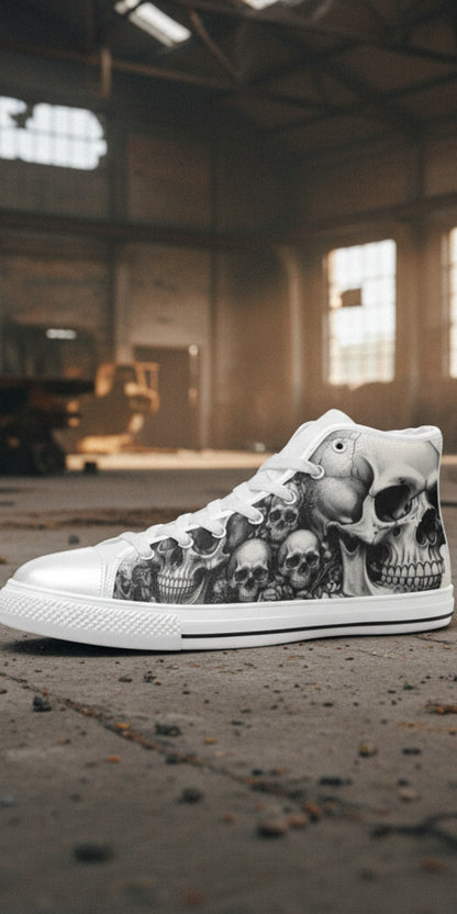 Men's Grey Skull Gothic Dark Art hand-made high-top canvas shoes — unique wearable art by Freaky Shoes