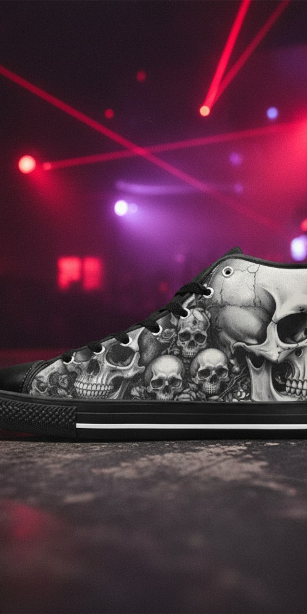 Women's Grey Skull & Moon Dark Gothic high-top canvas shoes — one-of-a-kind custom printed art, Freaky Shoes