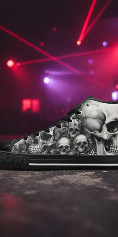 Women's Grey Skull & Moon Dark Gothic high-top canvas shoes — one-of-a-kind custom printed art, Freaky Shoes