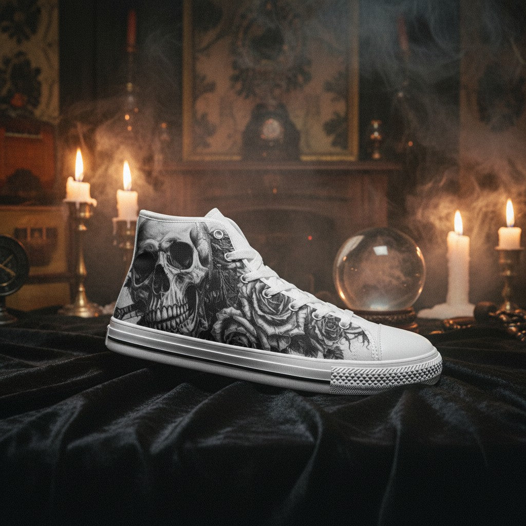 Women's Grey Monochrome Skull Gothic custom high-top canvas shoes — wearable art by Freaky Shoes