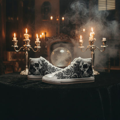 Women's Grey Monochrome Skull Gothic hand-made high-top canvas shoes — unique wearable art by Freaky Shoes