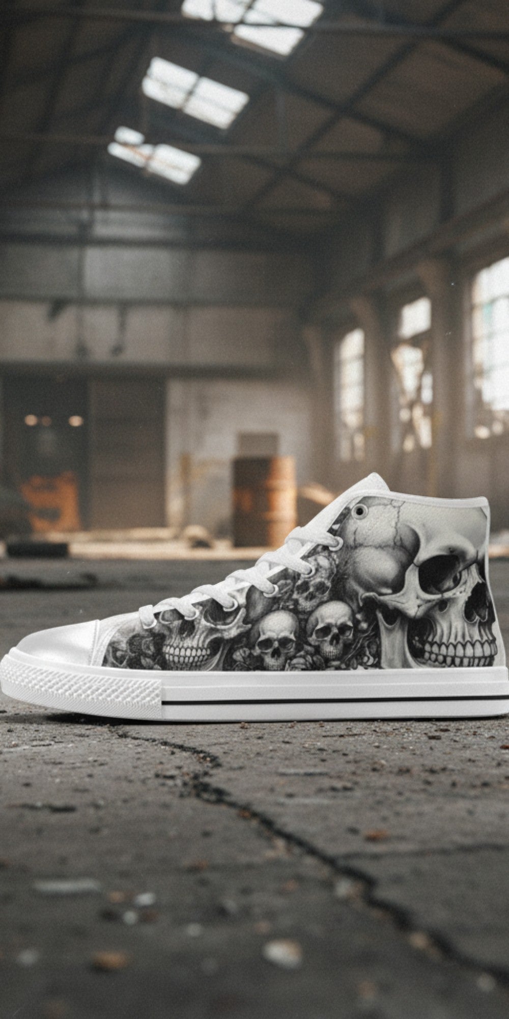 Men's Grey Skull Gothic Dark Art high-top canvas shoes — one-of-a-kind custom printed art, Freaky Shoes