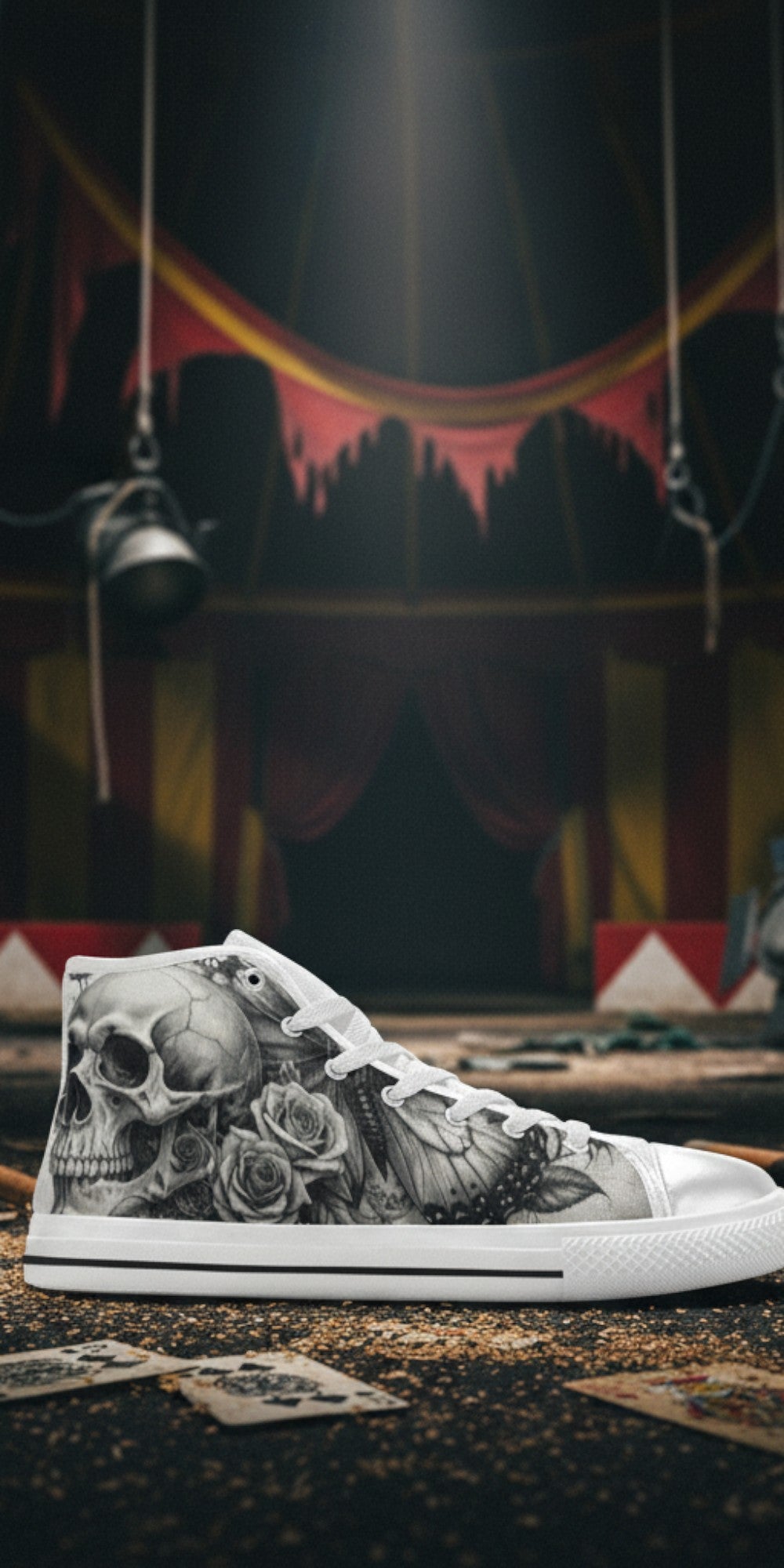 Custom Women's Grey Moon Skull Goth Dark high-top canvas shoes with bold all-over art — Freaky Shoes