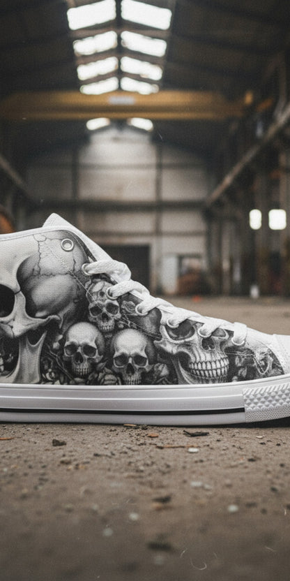 Men's Grey Skull Gothic Dark Art custom high-top canvas shoes — wearable art by Freaky Shoes