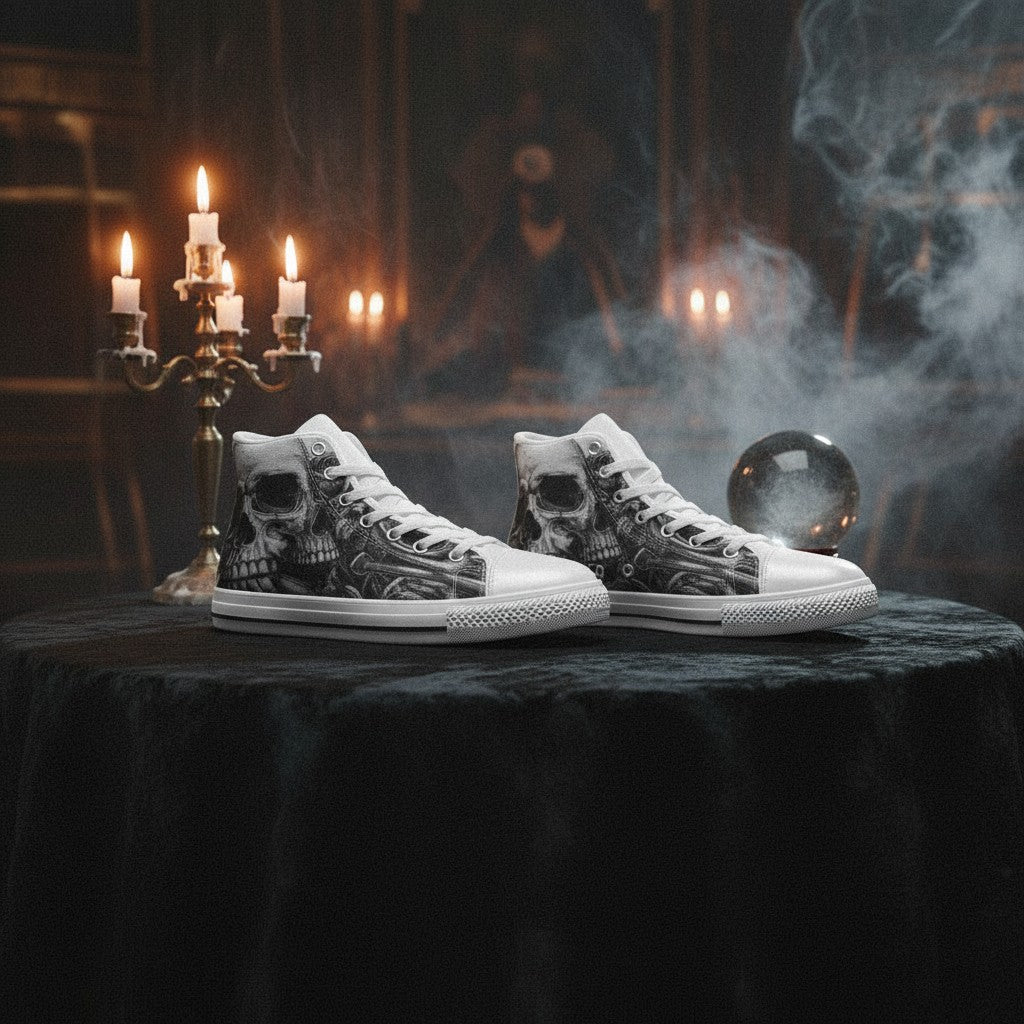 Women's Grey Monochrome Skull Gothic high-top canvas shoes, custom full-wrap printed design — Freaky Shoes