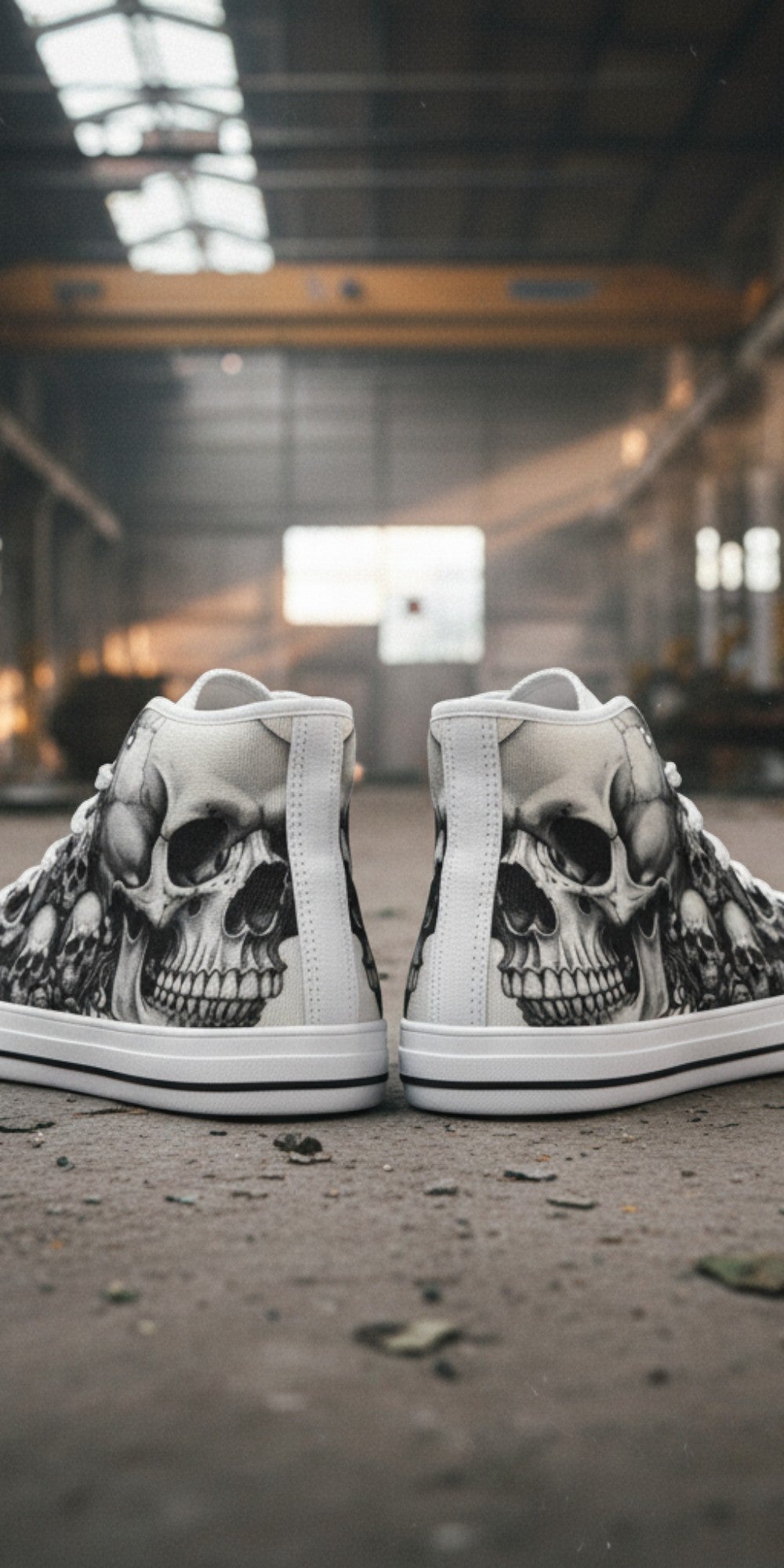 Men's Grey Skull Gothic Dark Art custom high-top canvas shoes — wearable art by Freaky Shoes