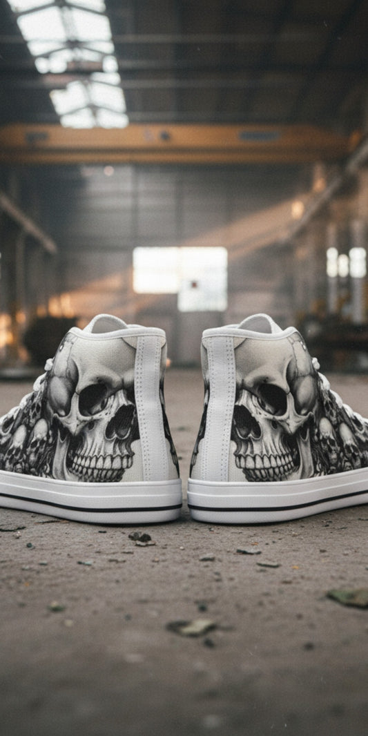 Freaky Shoes® grey skull print high top canvas sneakers with lace-up closure in an industrial warehouse setting.