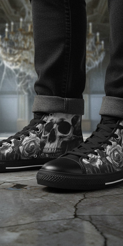 Freaky Shoes® grey skull and rose print canvas high top sneakers worn with black jeans in a gothic setting.