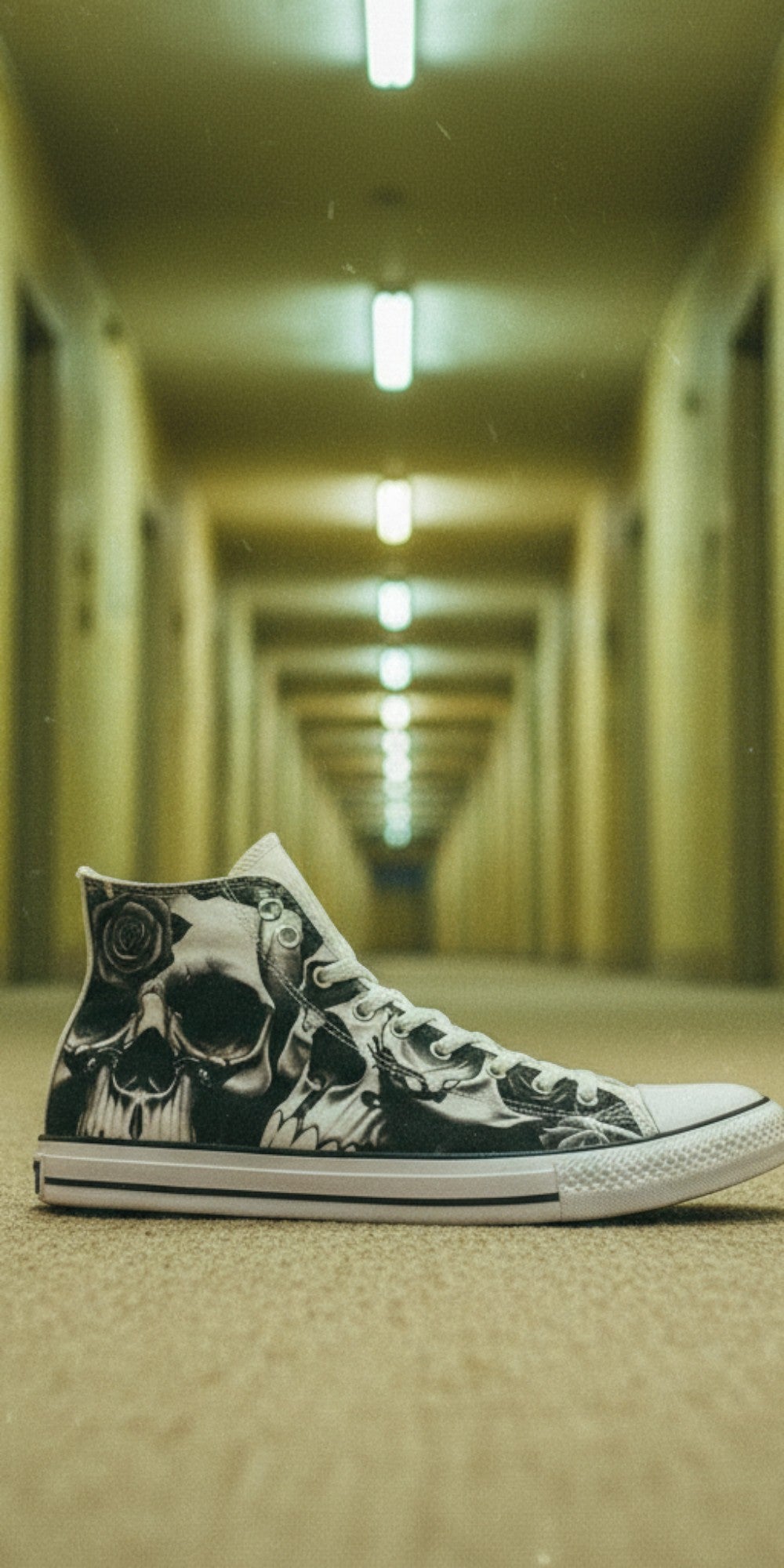 Women's Greyscale Skulls & Roses Black & White hand-made high-top canvas shoes — unique wearable art by Freaky Shoes