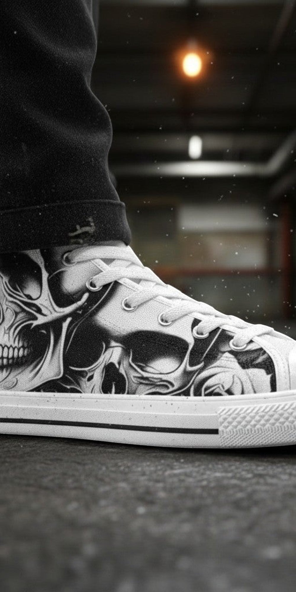 Women's Cartoon Skulls & Roses high-top canvas shoes — one-of-a-kind custom printed art, Freaky Shoes