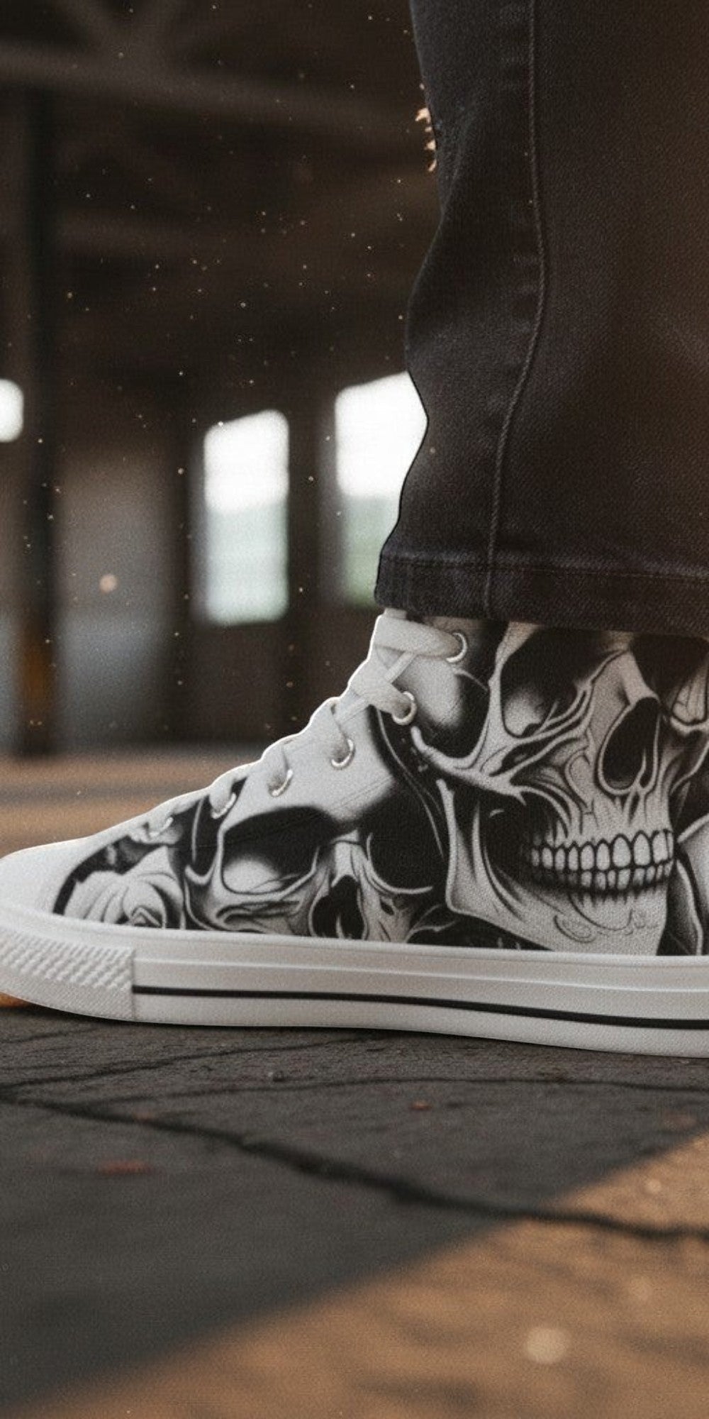 Women's Cartoon Skulls & Roses high-top canvas shoes, custom full-wrap printed design — Freaky Shoes