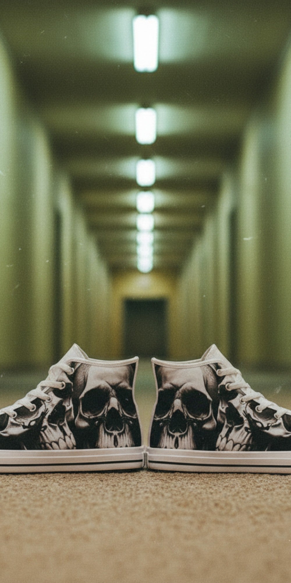 Women's Greyscale Skulls & Roses Black & White hand-made high-top canvas shoes — unique wearable art by Freaky Shoes