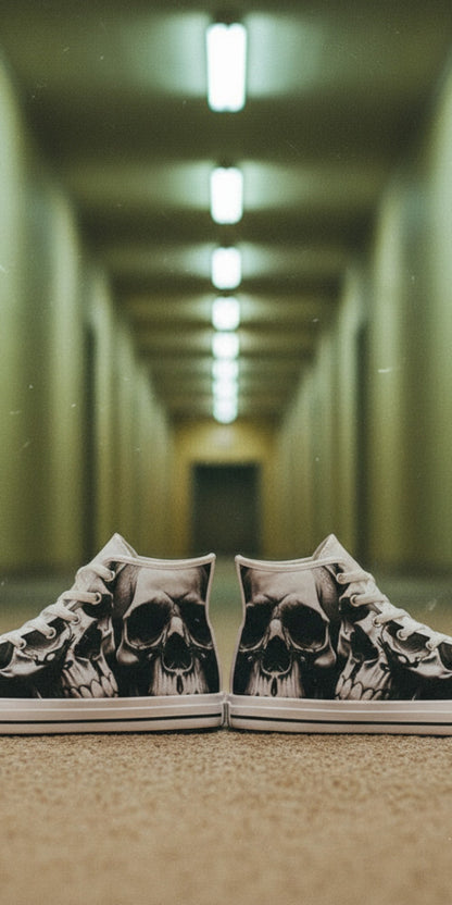 Women's Greyscale Skulls & Roses Black & White hand-made high-top canvas shoes — unique wearable art by Freaky Shoes
