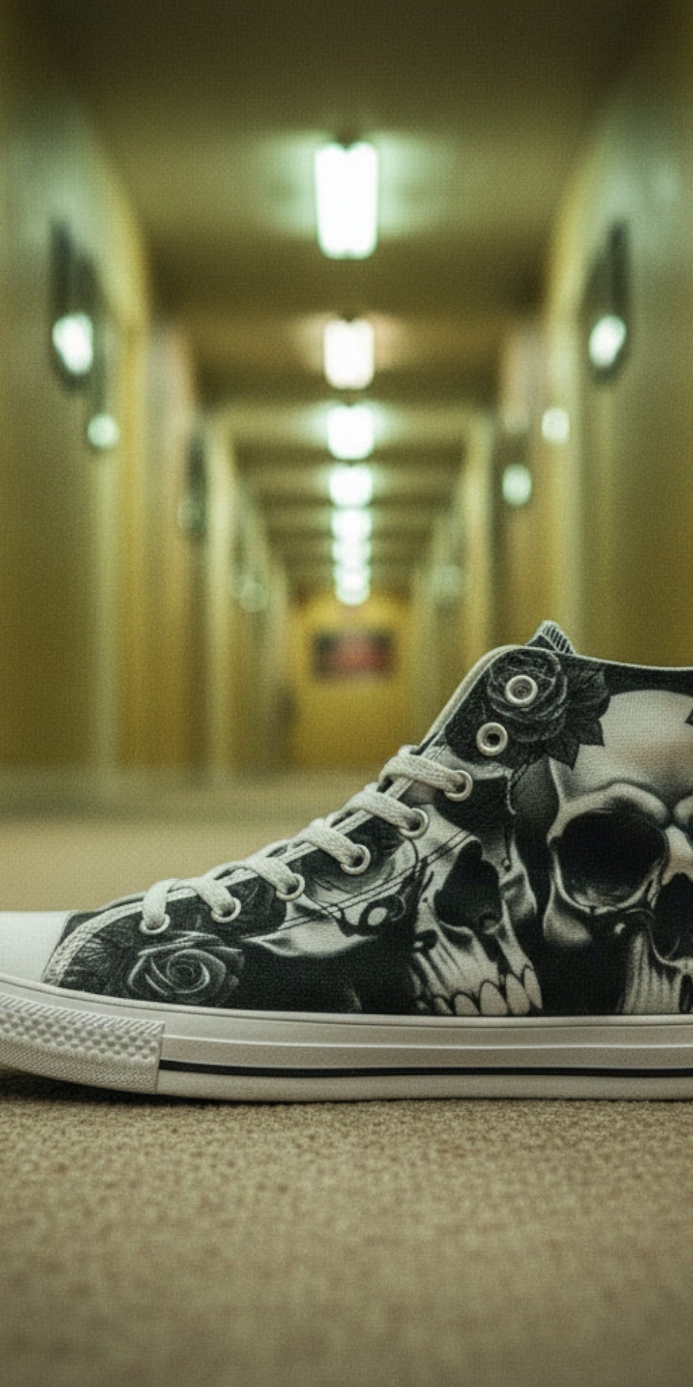 Women's Greyscale Skulls & Roses Black & White custom high-top canvas shoes — wearable art by Freaky Shoes