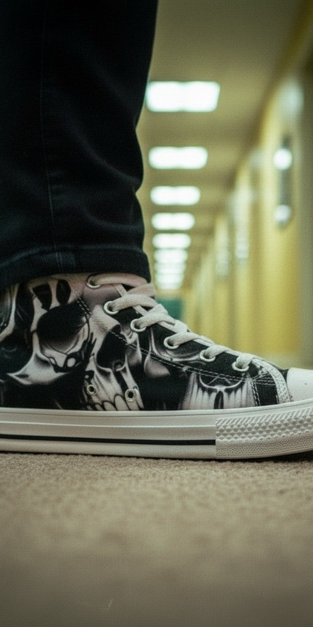 Women's Greyscale Skulls & Roses Black & White hand-made high-top canvas shoes — unique wearable art by Freaky Shoes