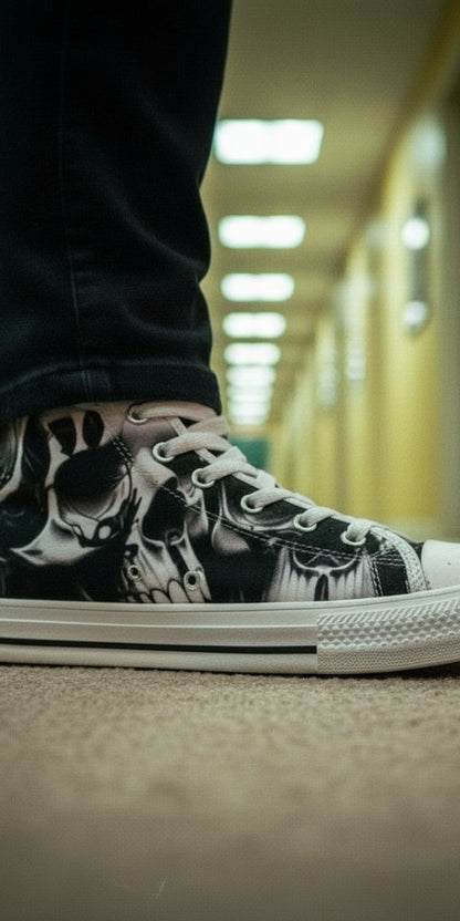 Women's Greyscale Skulls & Roses Black & White hand-made high-top canvas shoes — unique wearable art by Freaky Shoes