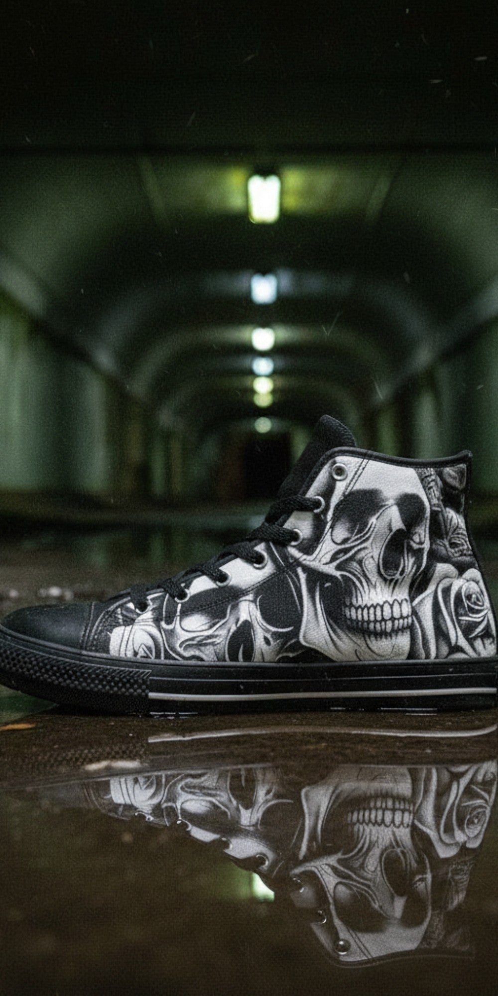 Women's Cartoon Skulls & Roses hand-made high-top canvas shoes — unique wearable art by Freaky Shoes