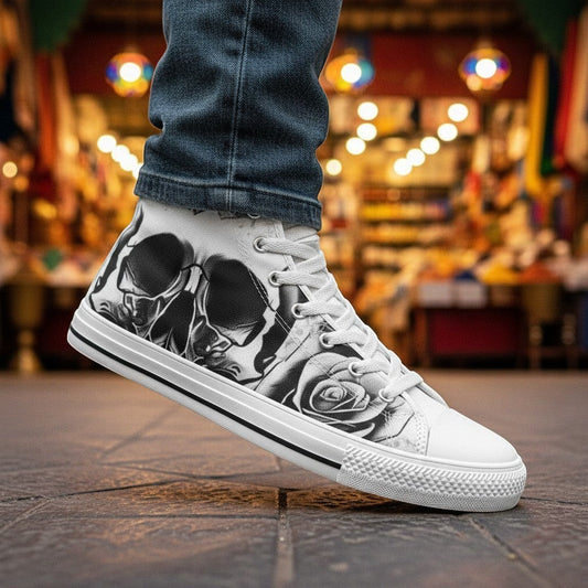 Freaky Shoes® women's canvas high-top sneakers featuring a grey skull and rose print with white rubber soles.