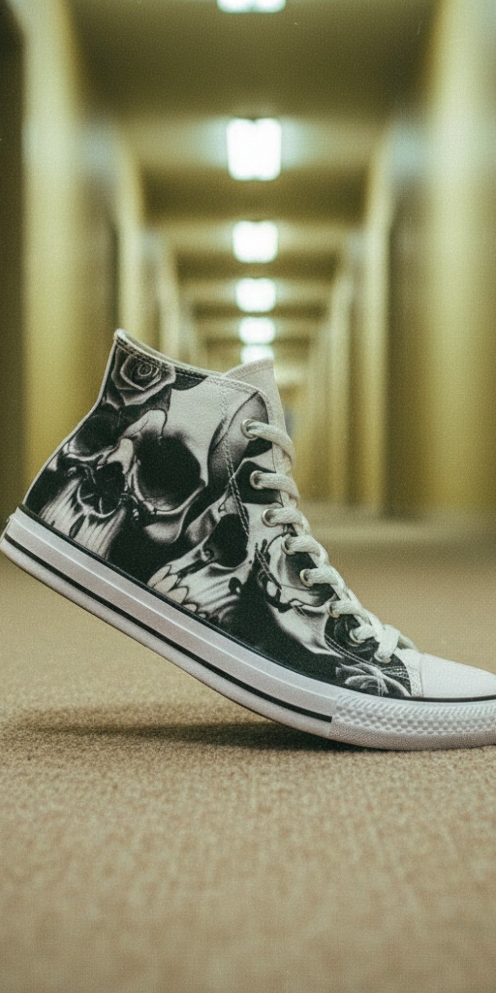 Women's Greyscale Skulls & Roses Black & White custom high-top canvas shoes — wearable art by Freaky Shoes