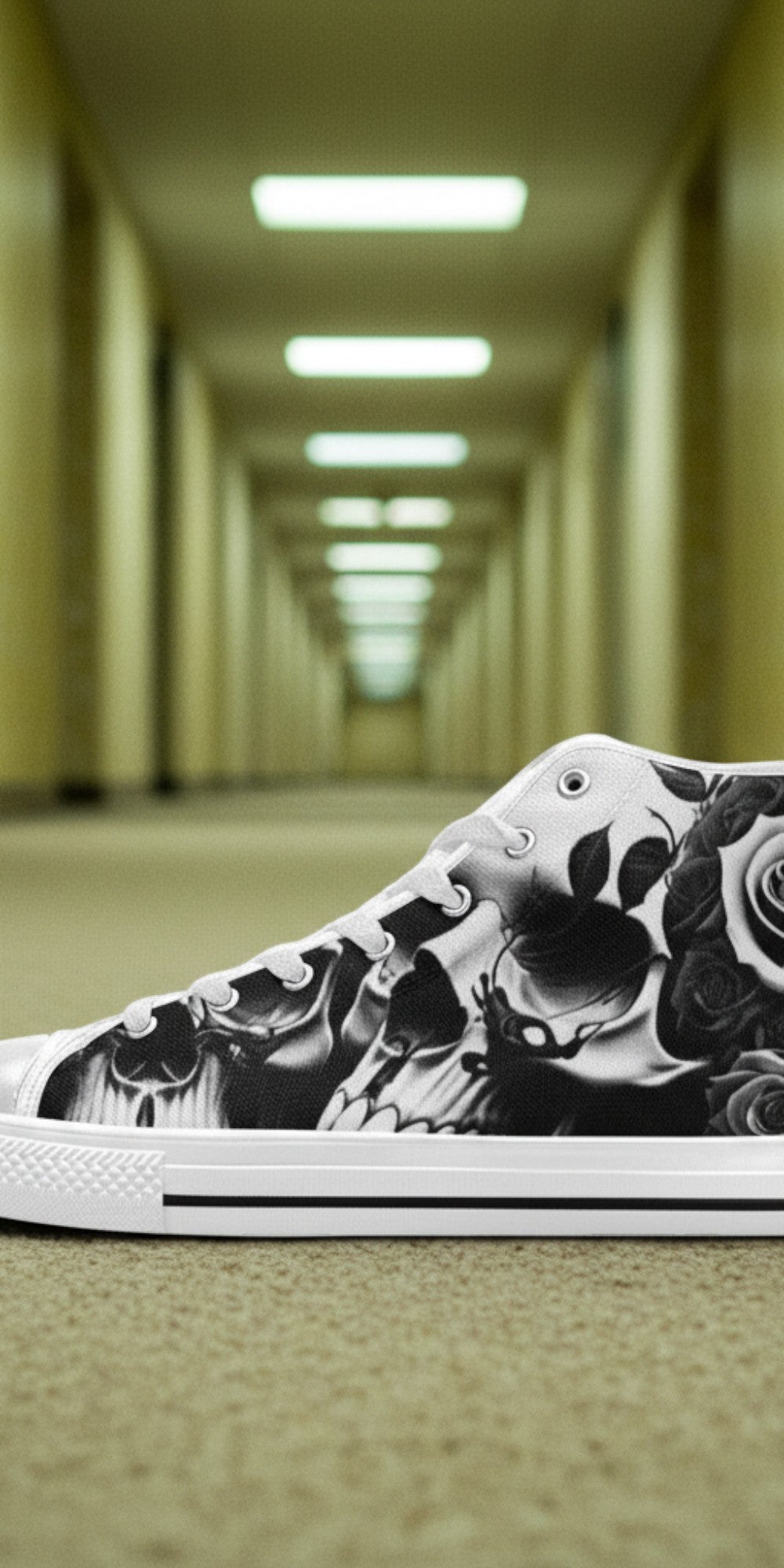 Women's Greyscale Skulls & Roses Black & White high-top canvas shoes, custom full-wrap printed design — Freaky Shoes